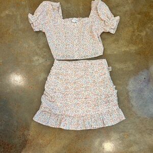 Floral Puff Sleeve Crop Top & Ruffled Mini Skirt Set - Pastel Floral